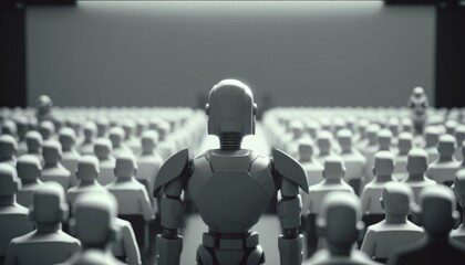 Poster - A Robot Standing In Front Of A Large Group Of People Factory Animation Animation Filmmaking  Generative AI 