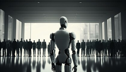 Poster - A Robot Standing In Front Of A Group Of People Factory Assemblage Robotics Engineering  Generative AI 