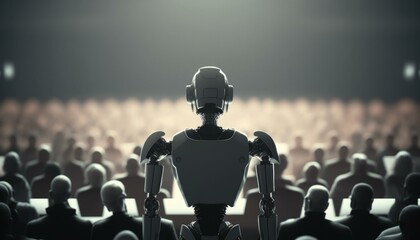 Poster - A Robot Standing In Front Of A Crowd Of People Conference Room Performance Art Artificial Intelligence 