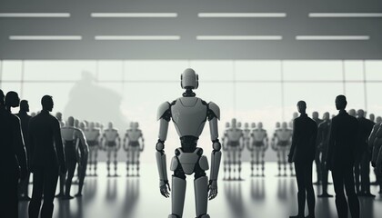 Poster - A Robot Standing In Front Of A Group Of People Factory Assemblage Robotics Engineering  Generative AI 