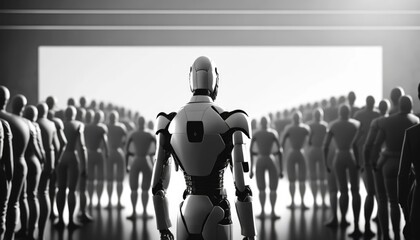 Poster - A Group Of People Standing In A Room With A Robot Workshop Assemblage Robotics Engineering  Generative AI 