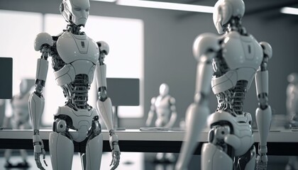 Poster - A Group Of Humanoids Standing In Front Of A Table Workshop Animation Robotics Engineering 