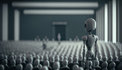 Poster - A Robot Standing In Front Of A Room Full Of People Factory Assemblage Artificial Intelligence  Generative AI 