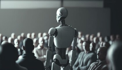 Poster - A Robot Standing In Front Of A Group Of People Workshop Assemblage Artificial Intelligence  Generative AI 