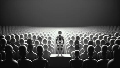 Poster - A Group Of People Standing In Front Of A Crowd Of People Factory Assemblage Intellectual Property Law  Generative AI 