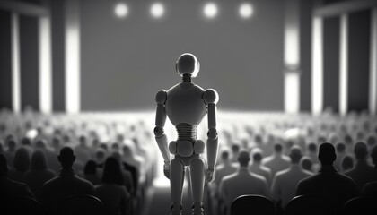 Poster - a robot standing in front of a crowd of people concert hall performance photography theater performa