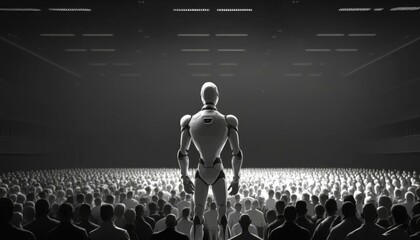 Poster - A Robot Standing In Front Of A Crowd Of People Movie Theater Animation Animation Filmmaking  Generative AI 
