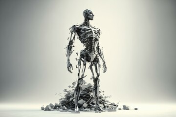 Poster - A Skeleton Standing In A Pile Of Rubble With A Gray Background Junkyard Assemblage Robotics Engineering  Generative AI 