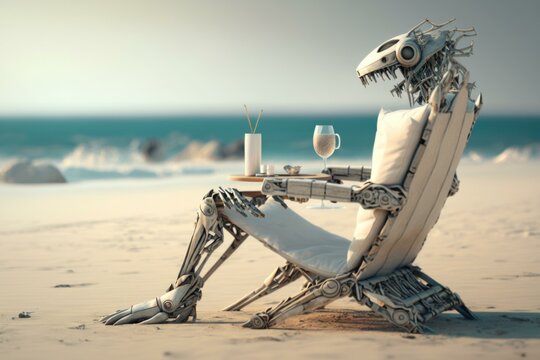 A Robot Sitting On A Beach Chair With A Glass Of Wine Beach Environmental Art Robotics Engineering  Generative AI 