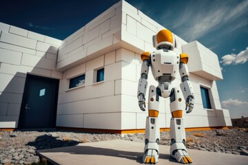 Poster - A Robot Standing In Front Of A Building With A Sky Background Beach House Panoramic Photography Robotics Engineering  Generative AI 