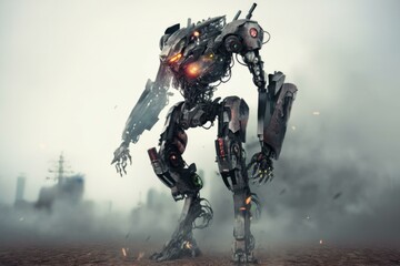 Poster - A Robot Standing In A Field With Smoke And Steam Junkyard Animation Robotics Engineering  Generative AI 