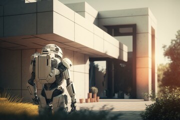 Poster - A Robot Standing In Front Of A Building With A Planter Office Building Photorealism Robotics Engineering  Generative AI 