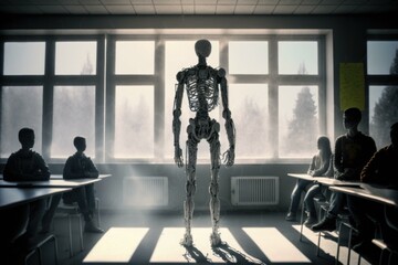 Poster - A Skeleton Standing In A Classroom With Students Sitting At Desks Classroom Assemblage Medical Imaging  Generative AI 
