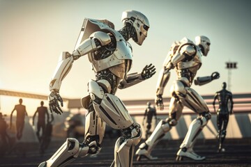 Poster - A Group Of Robots Running Across A Field Next To Each Other Military Base Panoramic Photography Robotics Engineering  Generative AI 