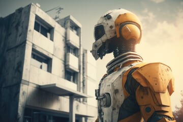 Poster - A Robot Standing In Front Of A Building In A City Construction Site Animation Robotics Engineering  Generative AI 