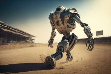 Poster - A Robot Running Across A Dirt Field In A Desert Junkyard Time-Lapse Photography Robotics Engineering ai, robot, business, competition, people, human, sitting, waiting, job, humanoid, technology, artif