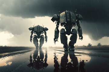 Poster - Two Robots Walking On A Wet Road In The Rain Military Base Animation Robotics Engineering  Generative AI 