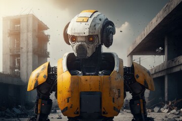 Poster - A Robot Standing In A Dirty Area With A Building In The Background Construction Equipment Yard Animation Robotics Engineering  Generative AI 