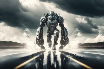 Poster - A Robot Standing On A Road In The Middle Of The Night Car Repair Shop Animation Robotics Engineering  Generative AI 