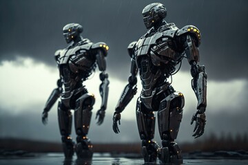 Poster - Two Robots Walking In The Rain With A Dark Sky In The Background River Animation Robotics Engineering  Generative AI 