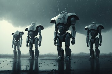 Poster - A Group Of Robots Standing In The Rain With A Storm In The Background Military Base Animation Robotics Engineering  Generative AI 