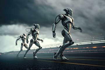 Poster - a group of humanoids running on a road factory time-lapse photography robotics engineering