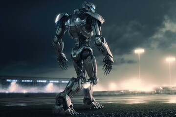 Poster - A Robot Standing On A Field At Night With Lights Stadium Parking Lot Animation Robotics Engineering ai, robot, business, competition, people, human, sitting, waiting, job, humanoid, technology, artifi