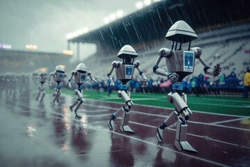 Poster - A Group Of Robots Running On A Track In The Rain Stadium Time-Lapse Photography Robotics  Generative AI 