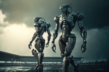 Two Robots Walking In The Rain In A Futuristic Setting Military Base Animation Robotics Engineering  Generative AI 