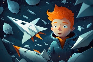 Fototapete - A Boy With Red Hair Is Looking At A Space Shuttle Lunar Landscape Animation Motion Graphics  Generative AI 