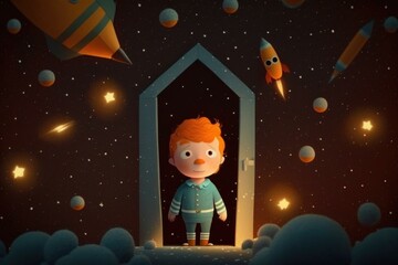 Fototapete - A Boy Standing In A Doorway With A Rocket In The Background Lunar Landscape Animation Astronomy  Generative AI 