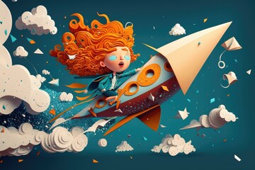 Poster - A Girl Is Flying On A Rocket With Clouds And Stars Science Museum Animation Advertising Design 