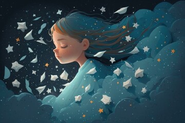 Fototapete - A Girl With Her Eyes Closed And Stars Falling From Her Hair Lunar Landscape Origami Fiction Writing  Generative AI 