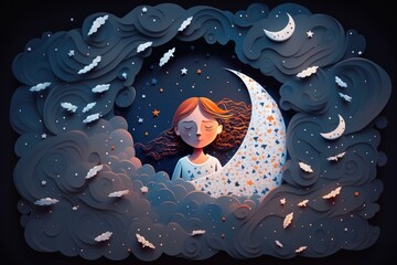 Fototapete - A Girl Is Sitting On A Crescent Moon In The Night Sky Lunar Landscape Animation Digital Illustration  Generative AI 