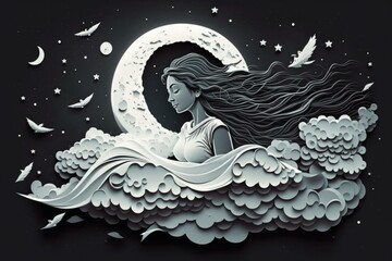 Fototapete - A Woman Sitting On Top Of A Cloud Covered In Stars Lunar Landscape Paper Cutting Spirituality  Generative AI 