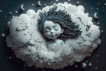 Poster - A Painting Of A Girl With Long Hair Sitting On A Cloud Lunar Landscape Paper Cutting Art Modeling  Generative AI 