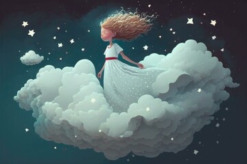 Fototapete - A Girl In A White Dress Is Flying Through The Clouds Lunar Landscape Digital Art Digital Illustration  Generative AI 