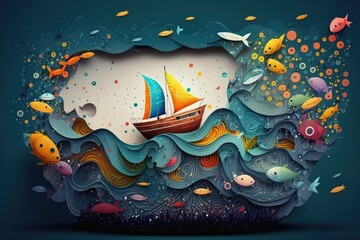 Poster - A Boat Floating On Top Of A Body Of Water Surrounded By Fish Aquarium Surrealism Boats 
