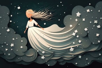 Fototapete - A Woman In A White Dress Is Flying Through The Sky Lunar Landscape Animation Fiction Writing  Generative AI 
