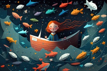 Poster - A Girl Is Sitting In A Boat Surrounded By Fish Aquarium Graphic Design Portfolio Management  Generative AI 