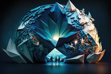 Poster - A Group Of People Standing In Front Of A Large Blue Object Glacier Kinetic Art Motion Graphics  Generative AI 
