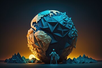 Poster - a man standing in front of a giant blue and yellow globe zoo graphic design supply chain optimizatio
