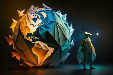 Poster - A Man Standing Next To A Paper Sculpture Of A Globe Lunar Landscape Environmental Art Distance Education ai, robot, business, competition, people, human, sitting, waiting, job, humanoid, technology, a