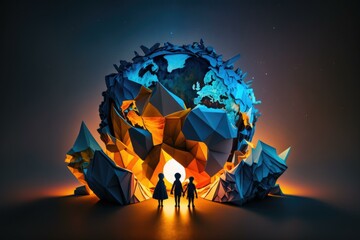 Poster - A Group Of People Standing In Front Of A Colorful Globe Lunar Landscape Environmental Art Motion Graphics  Generative AI 