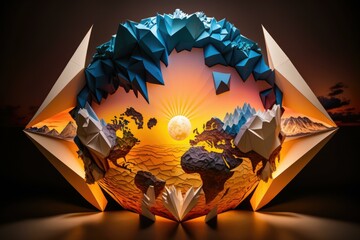 Fototapete - A Paper Sculpture Of A Sunset With Mountains And A Mountain Range Lunar Landscape Environmental Art Motion Graphics  Generative AI 