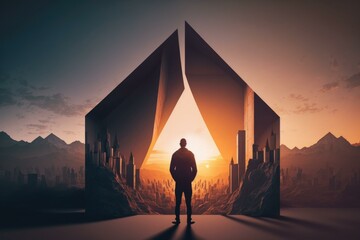 Poster - A Man Standing In Front Of A Giant Structure Modern City Skyline In The Morning With Sunrise Graphic Design Architectural Design  Generative AI 