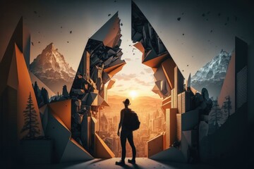 Poster - A Person Standing In Front Of A Doorway With Mountains And A City In The Background Modern City Skyline In The Morning With Sunrise Graphic Design Graphic Design  Generative AI 