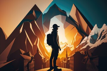 Poster - A Man Standing On A Skateboard In Front Of A Mountain Mountain Paper Cutting Adventure Travel 