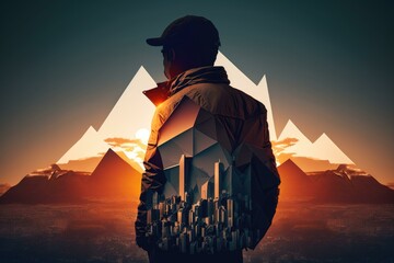Poster - A Man Standing In Front Of A Mountain With A City In The Background Modern City Skyline At Sunset Graphic Design Cities  Generative AI 