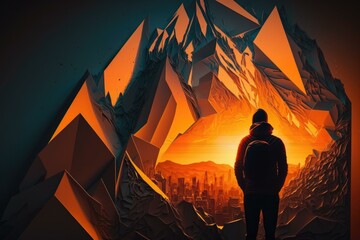 Poster - A Man Standing In Front Of A Mountain With A Sunset Mountain Range At Sunrise Graphic Design Adventure 